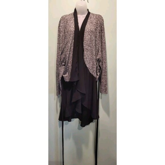 LOGO Lori Goldstein Heathered Black Knit Chiffon Trim Tie Waist Long Topper 4X - Picture 4 of 7